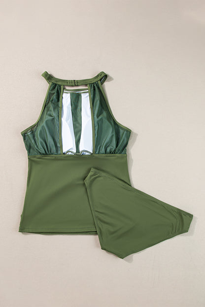 High Neck Plunge Mesh Ruched Tankini Swimwear | Green