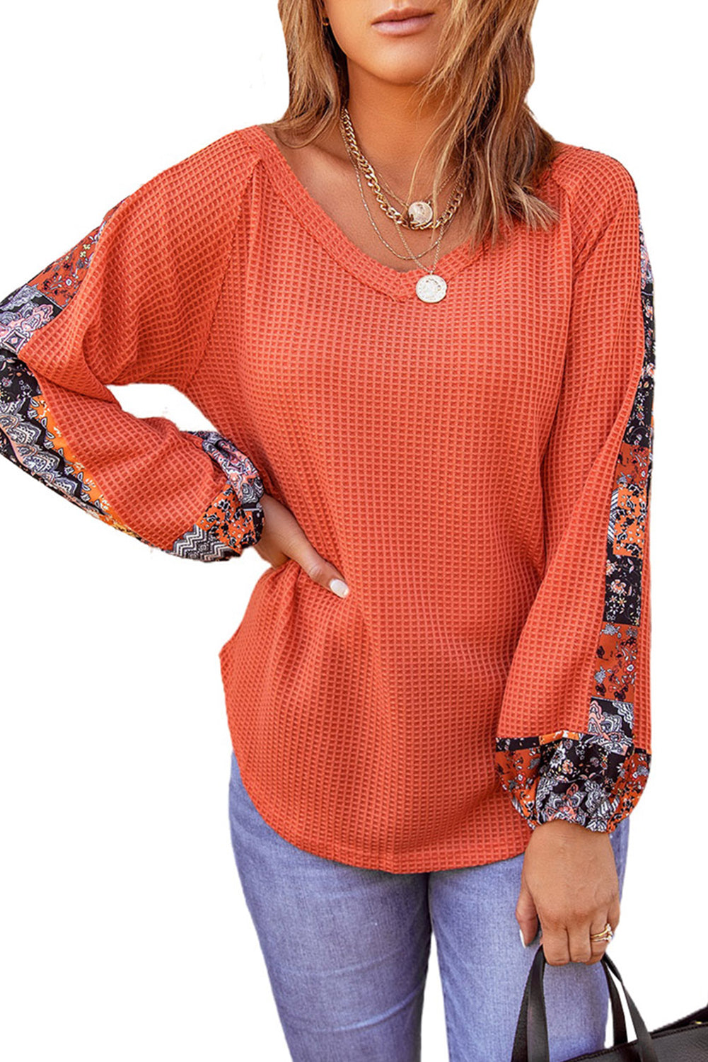 Contrast Eyelet Thermal Knit Top | Orange