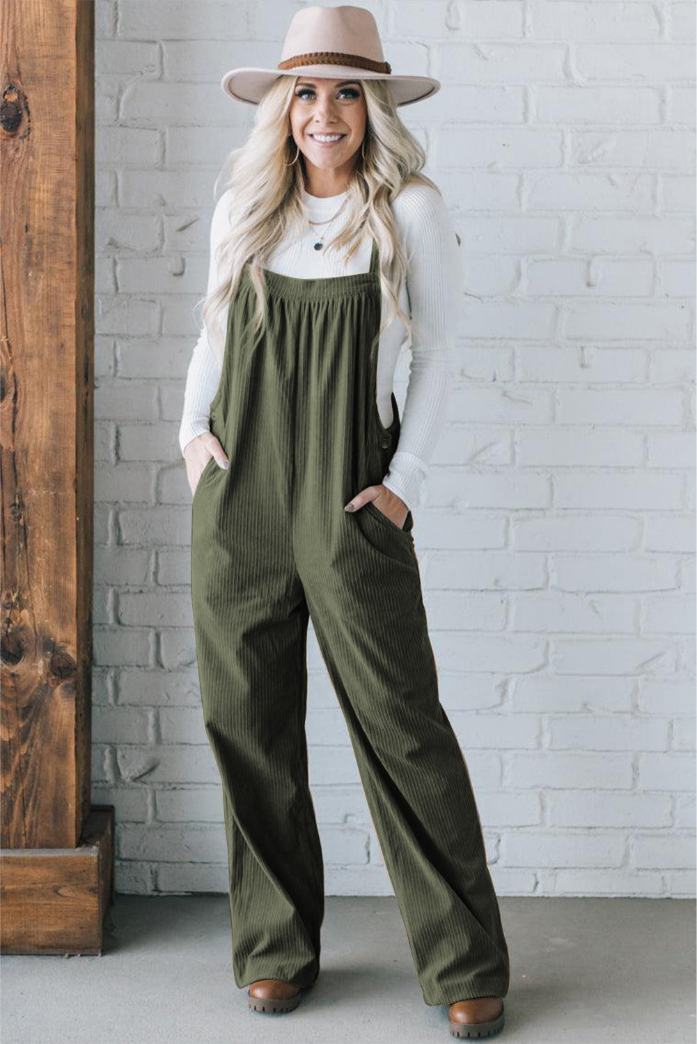 Solid Pocketed Loose Fit Corduroy Overall | Jungle Green