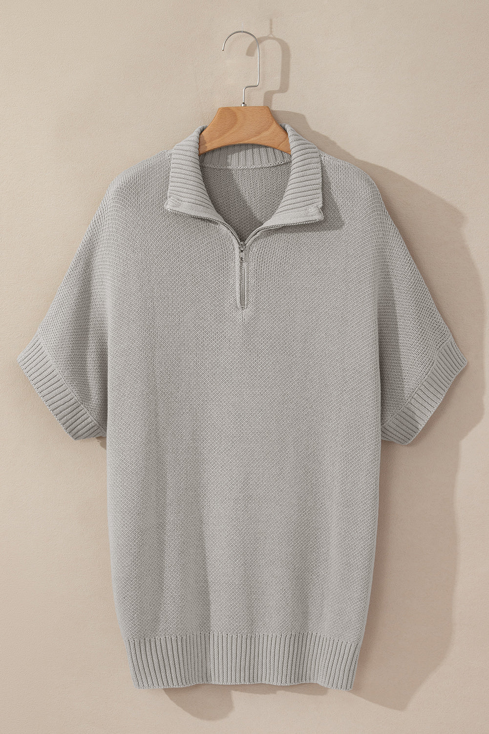 Quarter Zip Short Batwing Sleeve Sweater | Light Grey