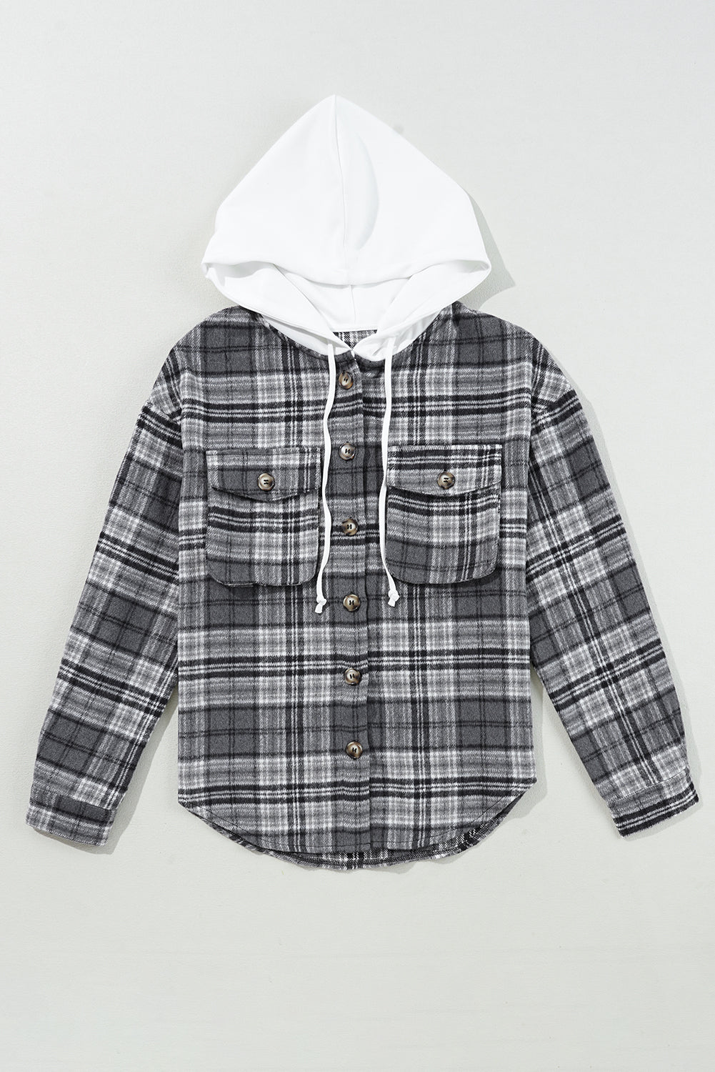 Plaid Print Flap Pockets Contrast Hooded Loose Shacket | Black