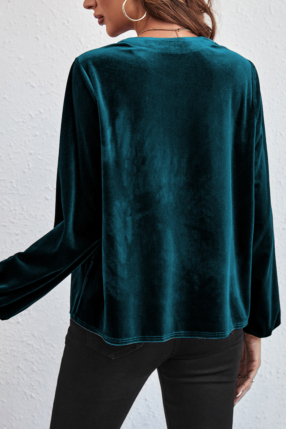 Lantern Sleeve Beaded Split V Neck Velvet Top | Skobeloff