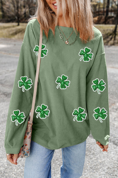 Ribbed Four Leaf Clover Graphic St. Patricks Pullover Sweatshirt | Grass Green