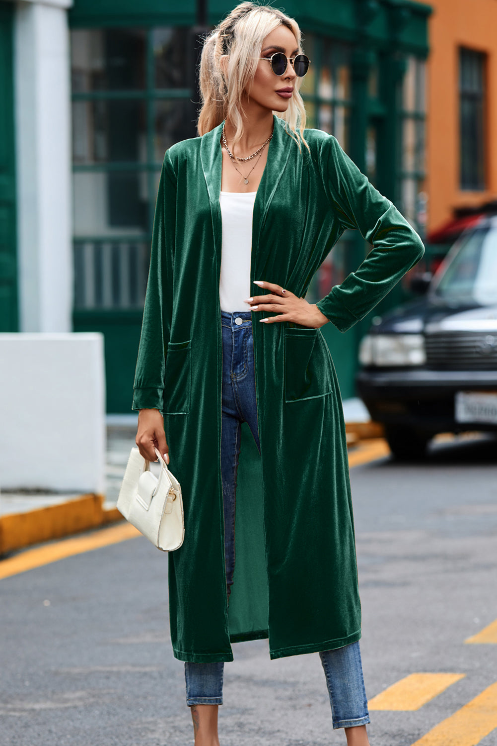 Velvet Open Front Pocketed Long Duster | Green