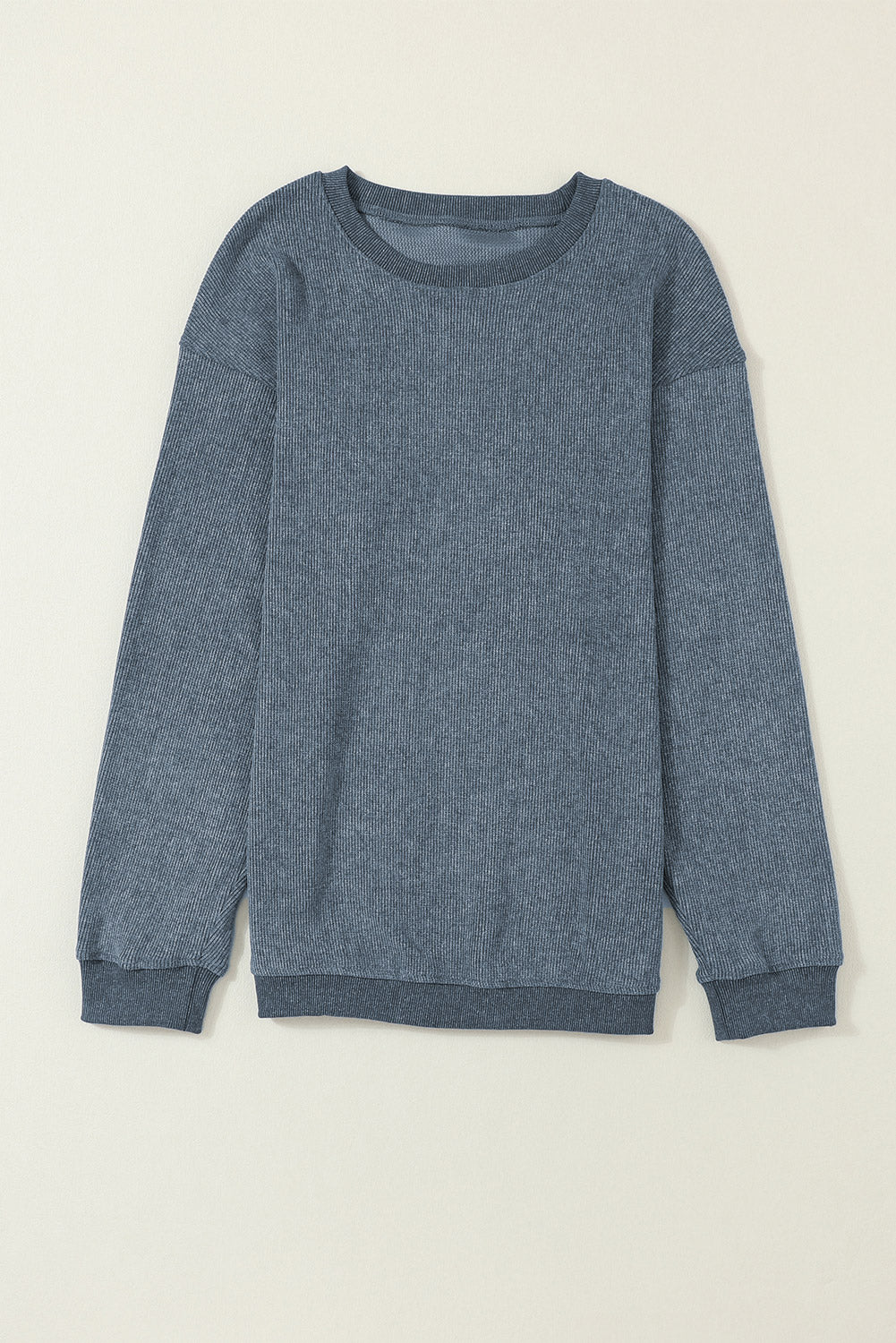 Solid Ribbed Knit Round Neck Pullover Sweatshirt | Blue