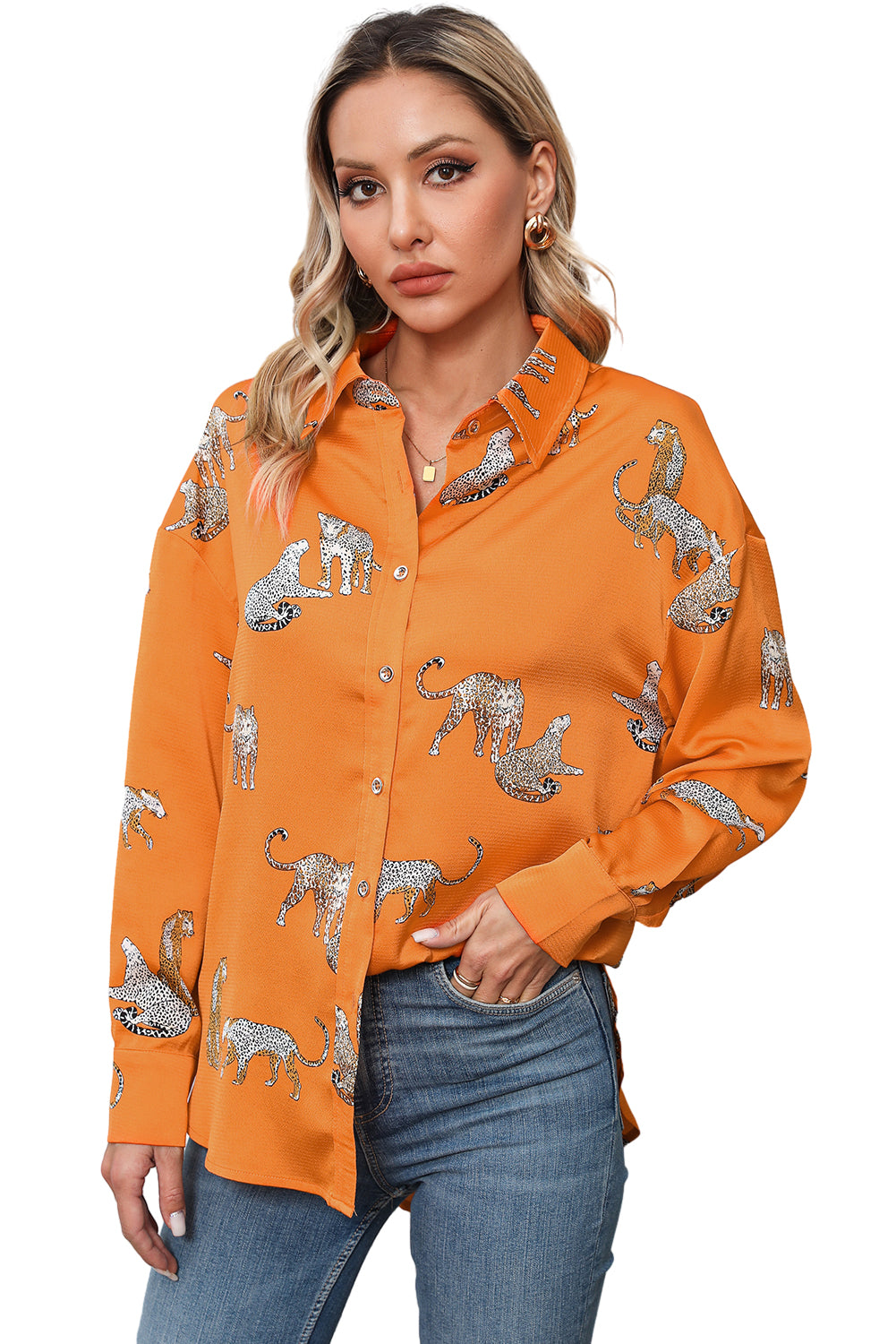 Cheetah Animal Print Button Up Satin Shirt | Russet Orange