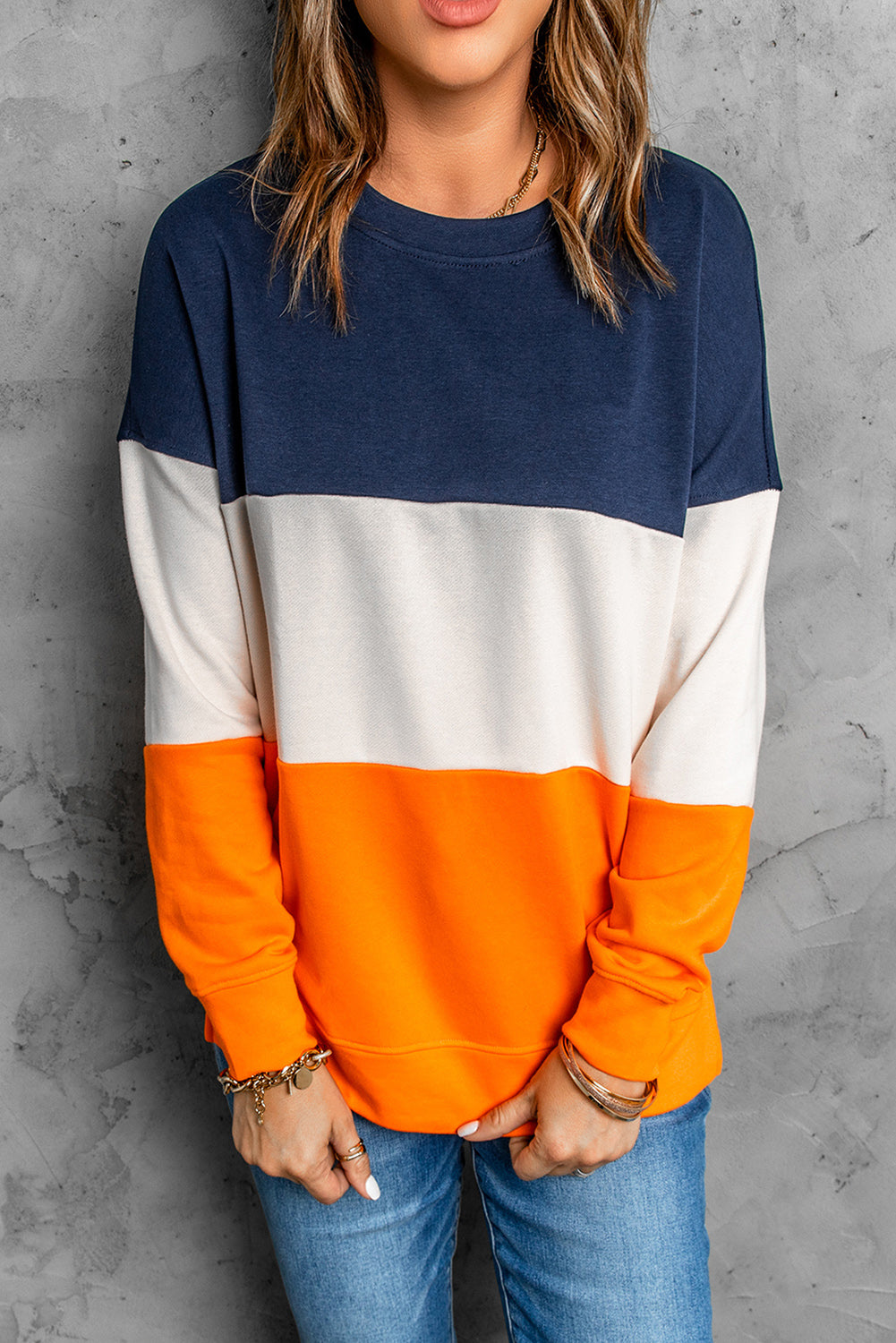 Colourblock  Contrast Stitching Sweatshirt With Slits | Orange