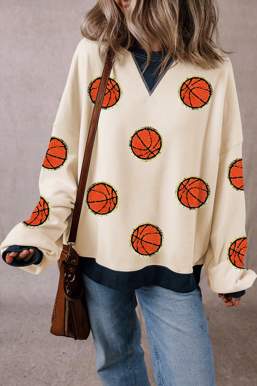 White GAME DAY Basketball Pattern Color Block Oversized Sweatshirt