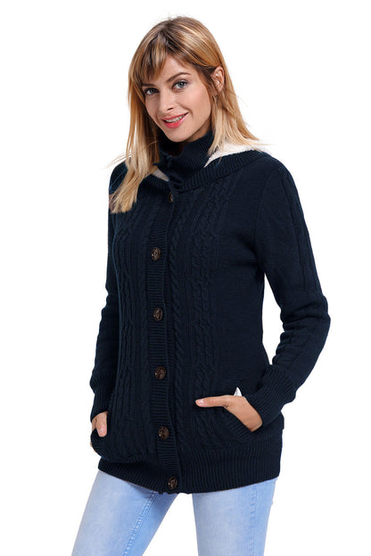 Long Sleeve Button-Up Hooded Cardigans | Navy Blue