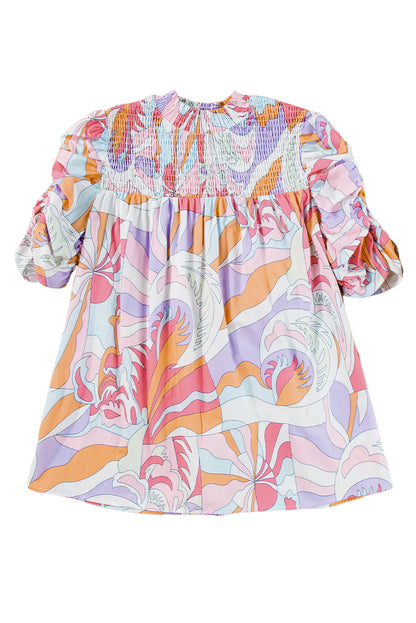 Abstract Print Bubble Sleeve Smock Detail Blouse | Pink