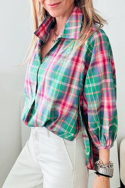 Checkered 3/4 Sleeve Collared Loose Fit Shirt | Green