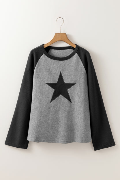 High Waffle Knit Colourblock Star Patch Graphic Raglan Top | High-rise