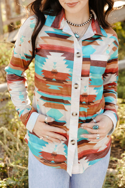 Aztec Print Buttoned Pocket Chest Long Sleeve Shirt | Multicolour