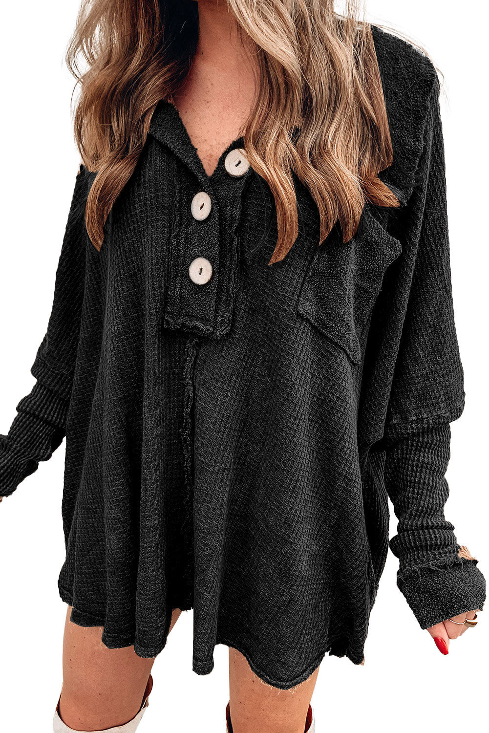 Waffle Knit Buttoned Long Sleeve Top | Black