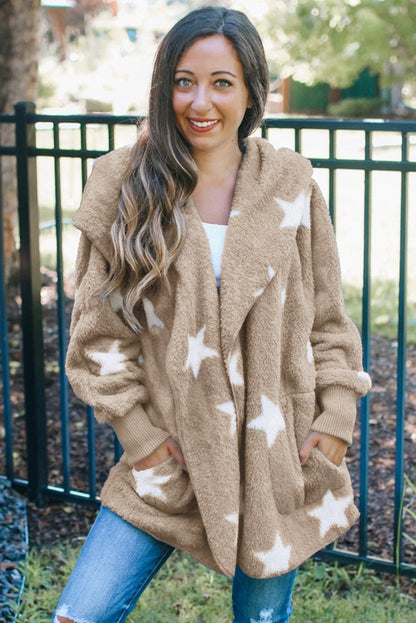 Lapel Collar Scatter Star Fuzzy Coat | Khaki