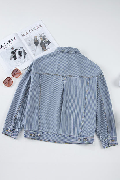 Washed Oversize Pocketed Denim Jacket | Sky Blue Stripe