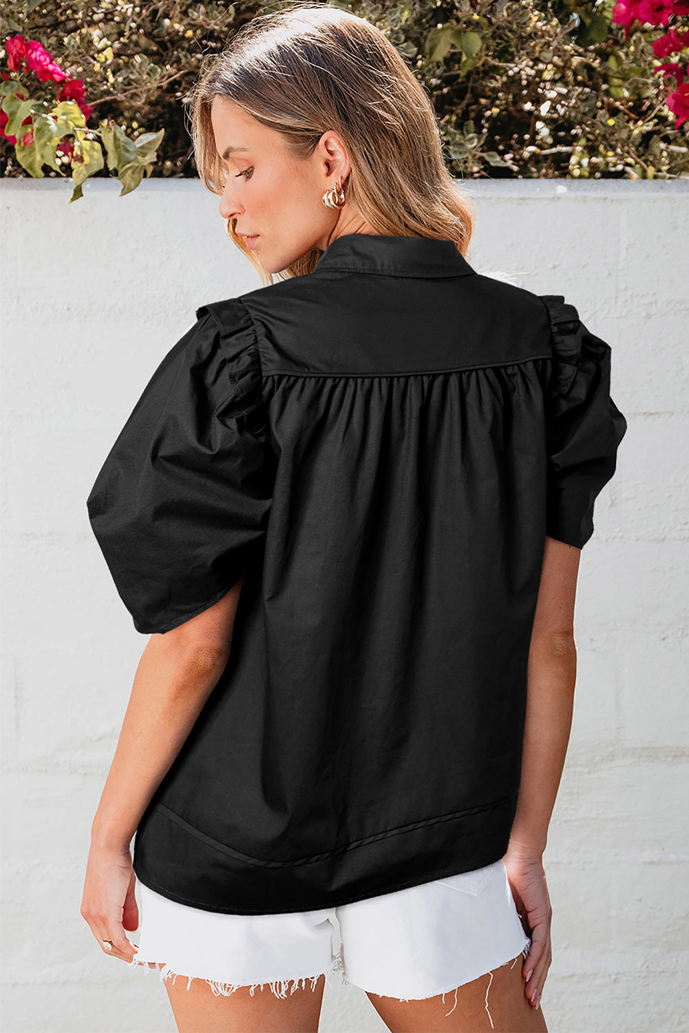 Crisp Puff Sleeve Loose Shirt | Black