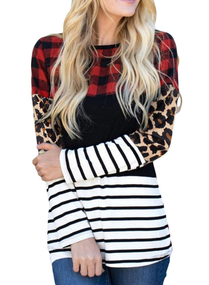 Plaid Print  Splicing Striped Colour Block Long Sleeve Top | Leopard