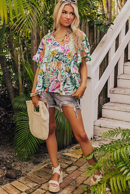 Tropical Floral Print Ruffled Short Sleeve Blouse | White