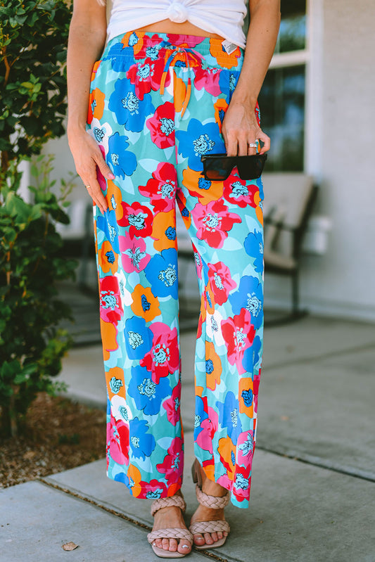 Multicolor Abstract Floral Print Drawstring Wide Waistband Pants