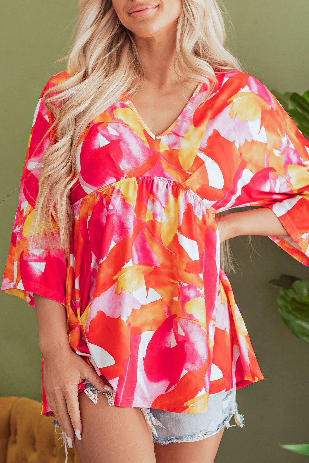 Abstract Print 3/4 Sleeve V Neck Ruffled Babydoll Blouse | Orange