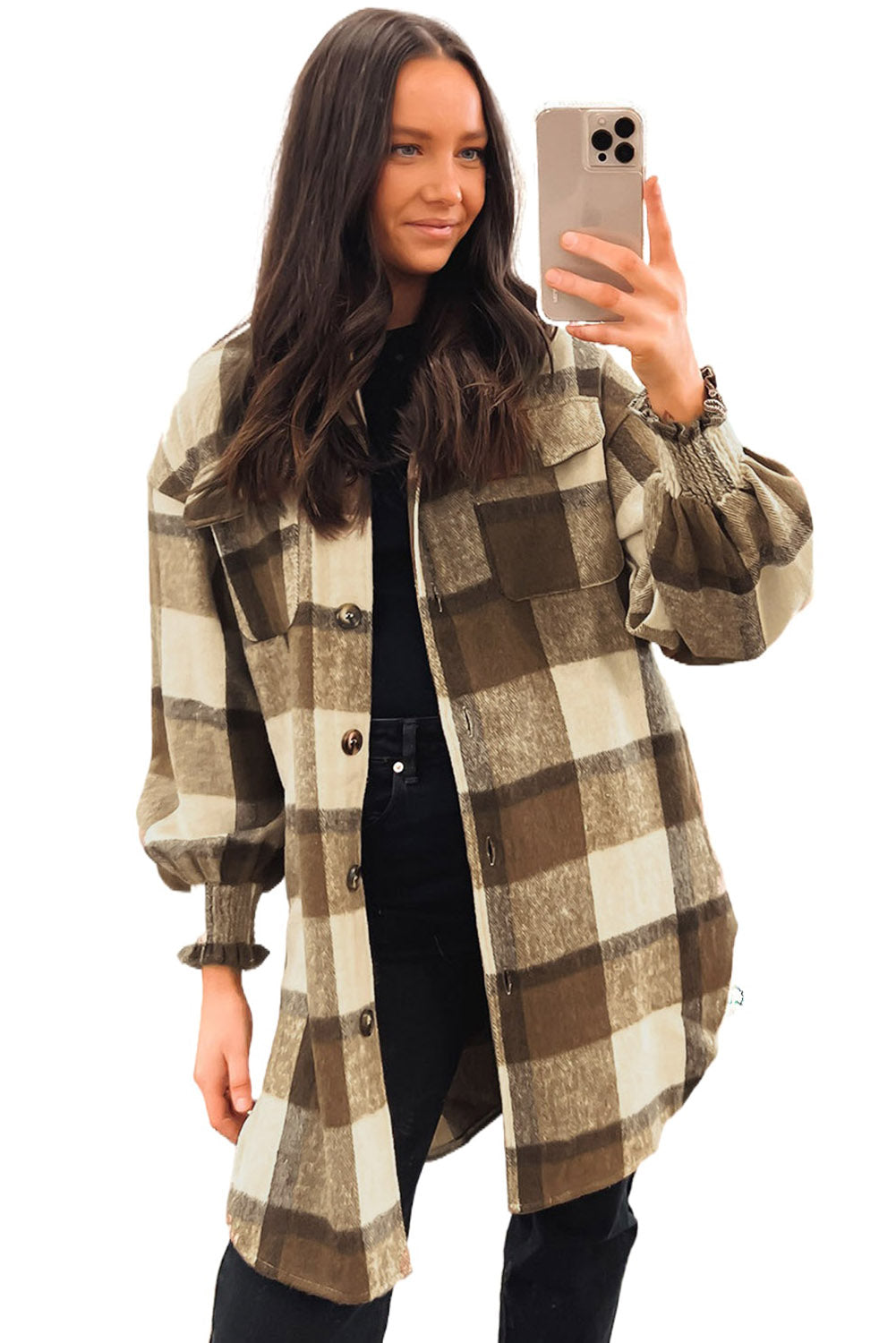 Plaid Flap Pocket Smocked Cuff Shacket | Brown