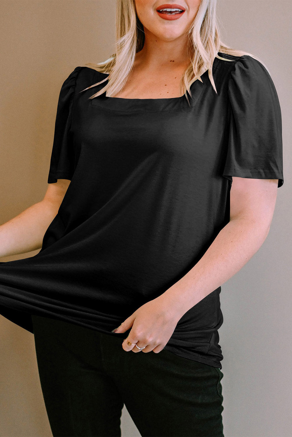 Plus Size Square Neck Ruched Shoulder Short Sleeve Top | Black