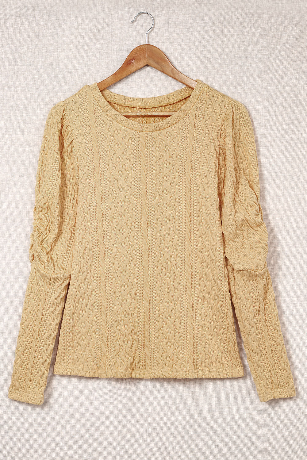 Solid Colour Puffy Sleeve Textured Knit Top | Khaki