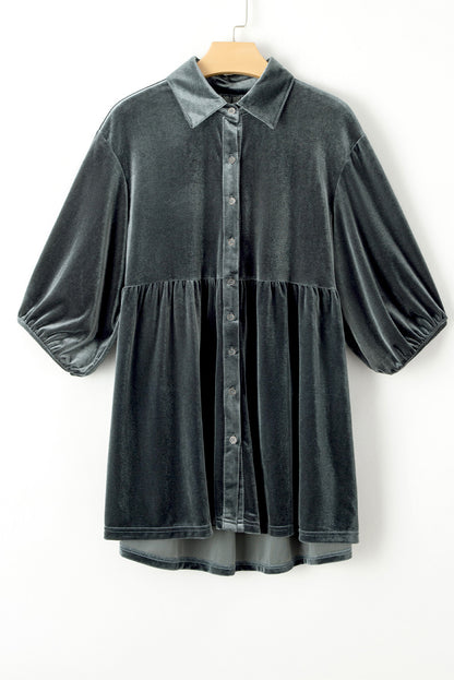 3/4 Sleeve Tunic Babydoll Velvet Shirt | Dark Grey