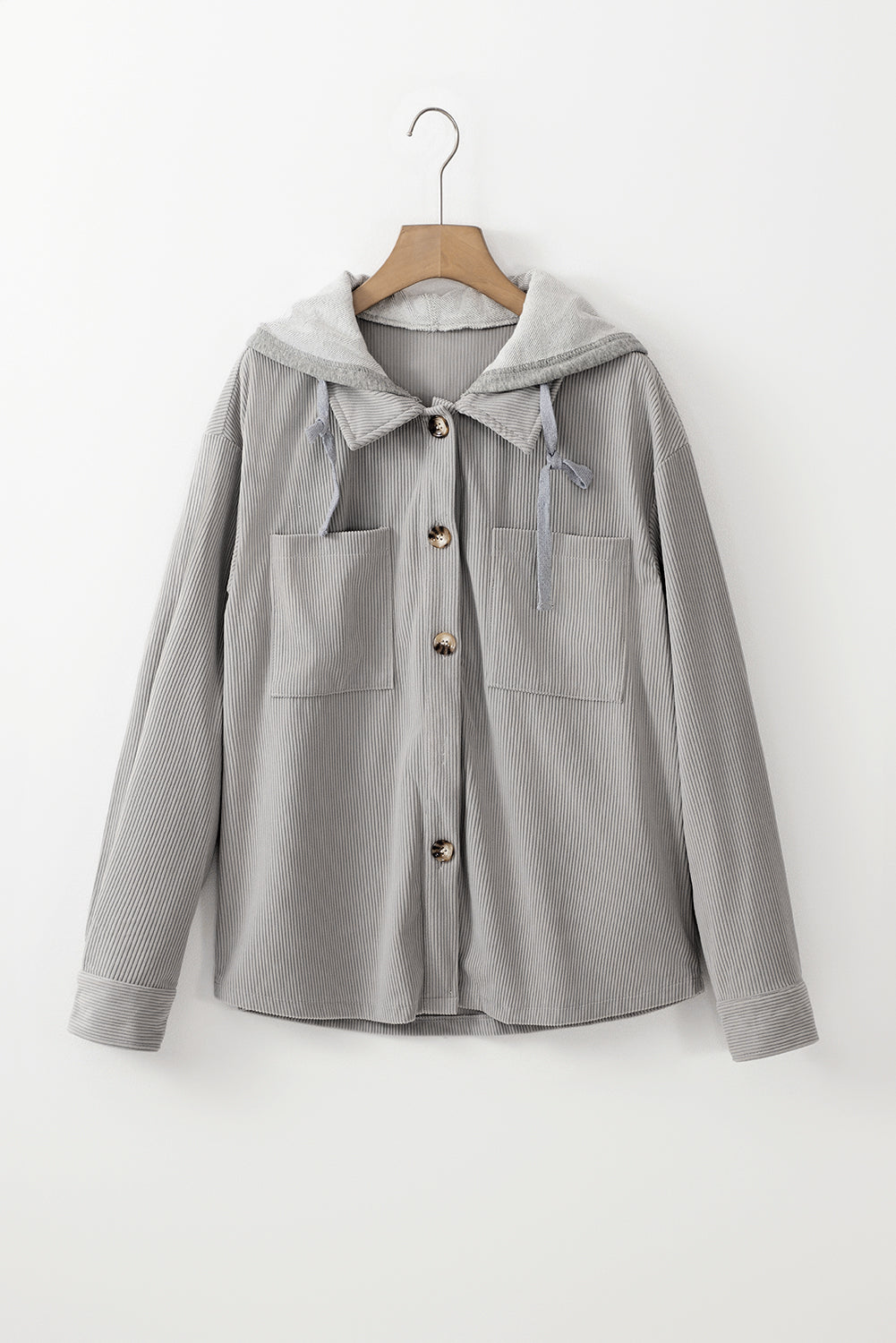 Hooded Drawstring Pockets Corduroy Shacket | Light Grey