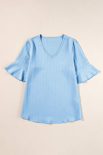 Ruffled Half Sleeve V Neck Textured Top | Beau Blue