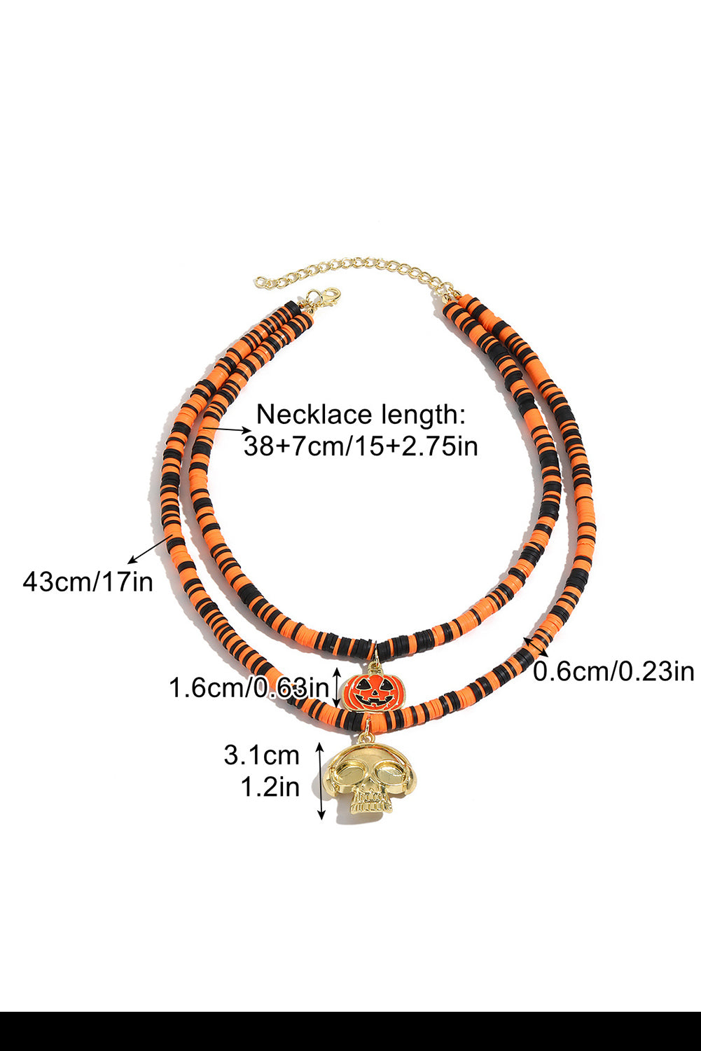 Skull Pumpkin Face Pendant Layered Beaded Halloween Necklace | Russet Orange