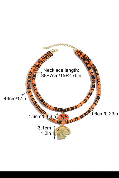 Skull Pumpkin Face Pendant Layered Beaded Halloween Necklace | Russet Orange