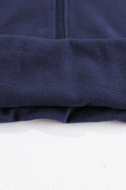 Fleece Lined Zip Up Stand Collar Thumbhole Sleeve Sweatshirt | Navy Blue