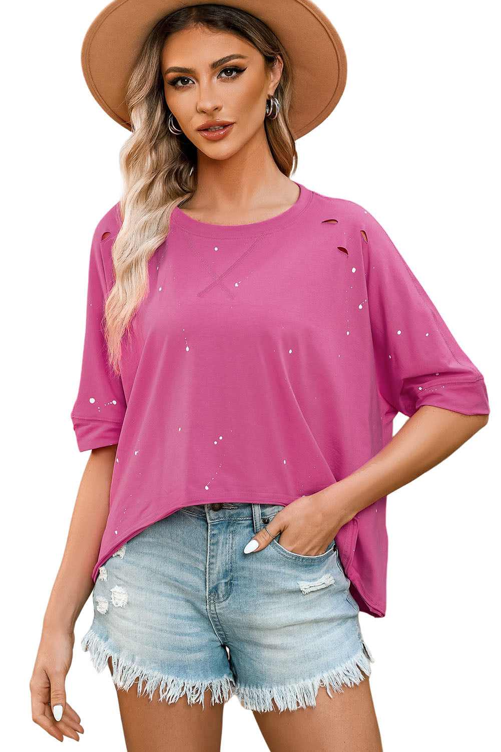 Distressed Bleached Asymmetric Hem Short Sleeve Top | Pink