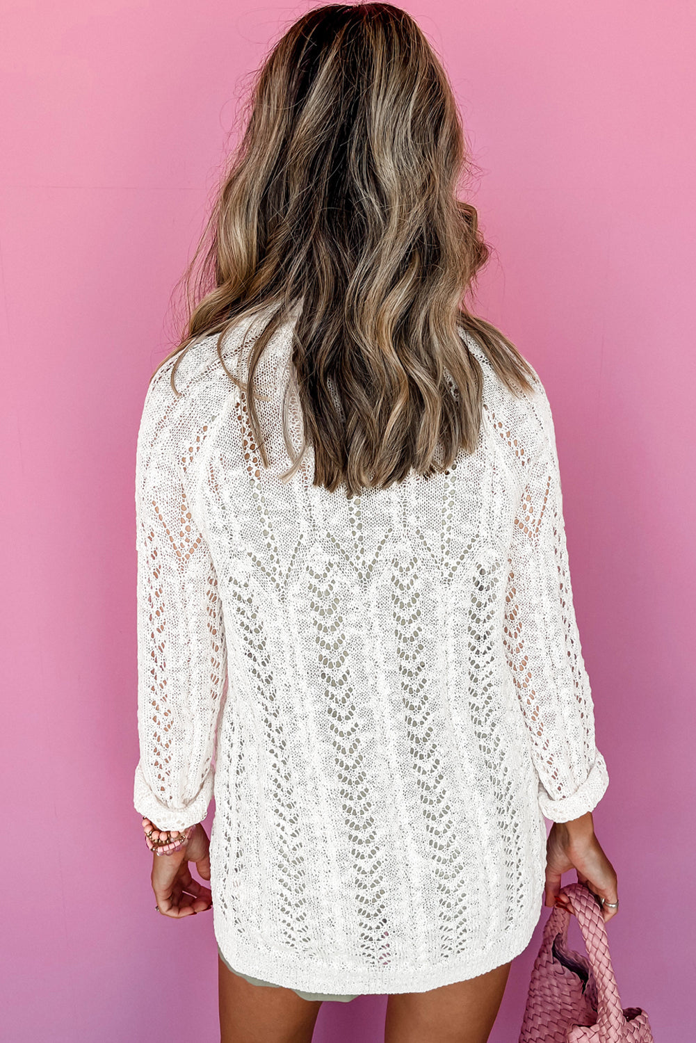 Plus Size Eyelet Knit Open Front Cardigan | White