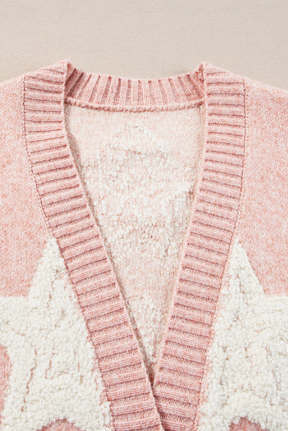 Sherpa Star Pattern Textured Sweater Cardigan With Pockets | Pink