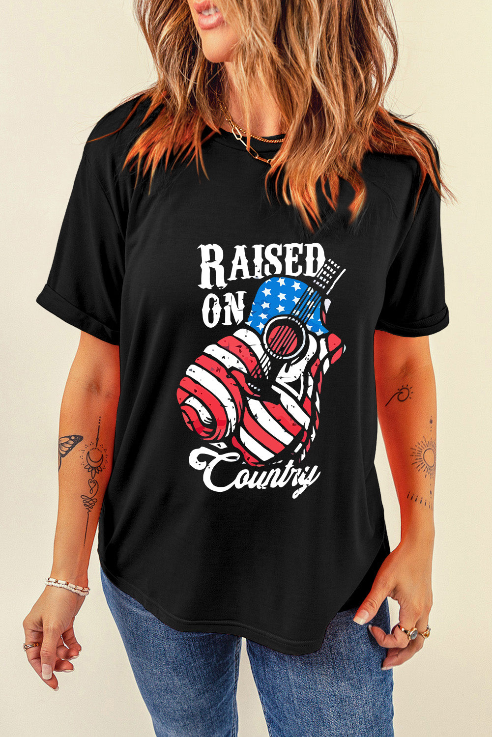 Raised On Country Usa Flag Guitar Graphic Tee | Black