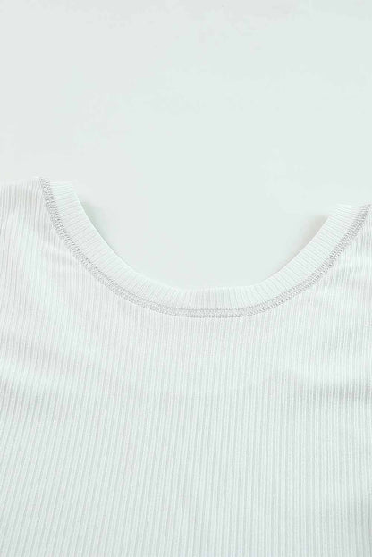 Round Neck Half Sleeve Ribbed Knit Top | White