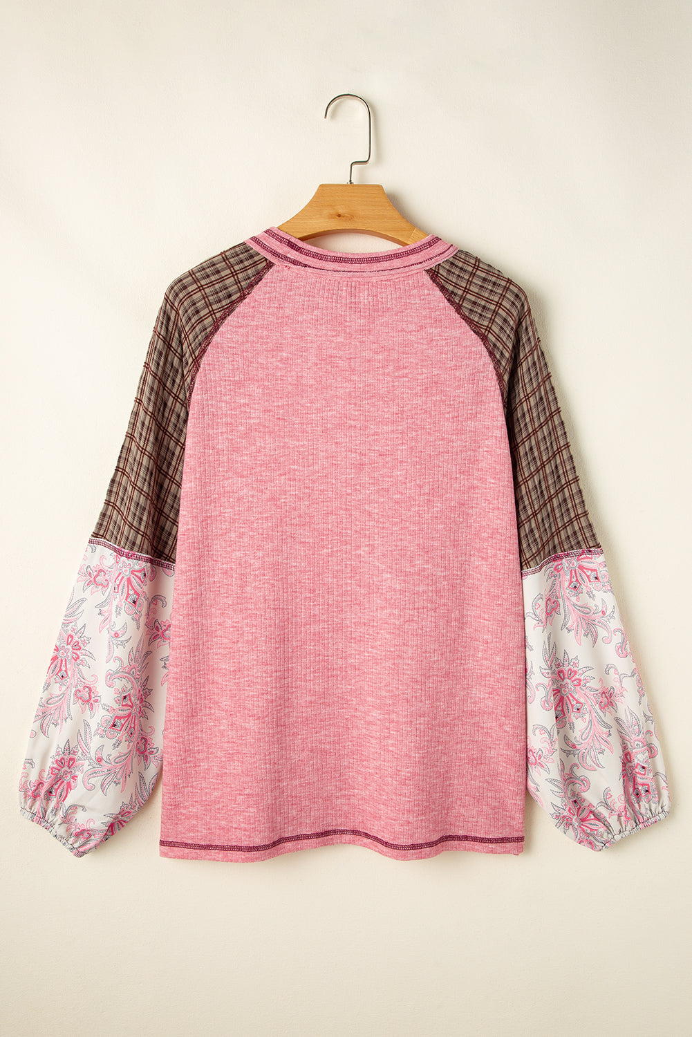 Mixed Print Raglan Sleeve Ribbed Knit Patchwork Blouse | Fushia