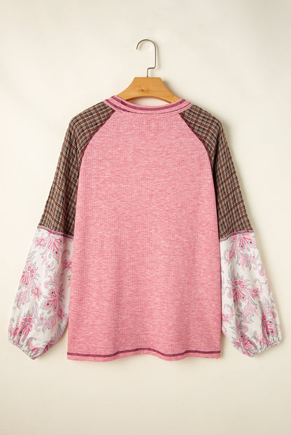 Mixed Print Raglan Sleeve Ribbed Knit Patchwork Blouse | Fushia