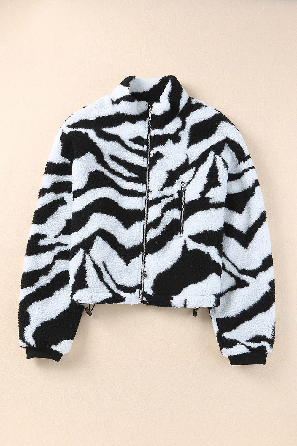 Zebra Teddy Zip-Up High Neck Jacket | Black