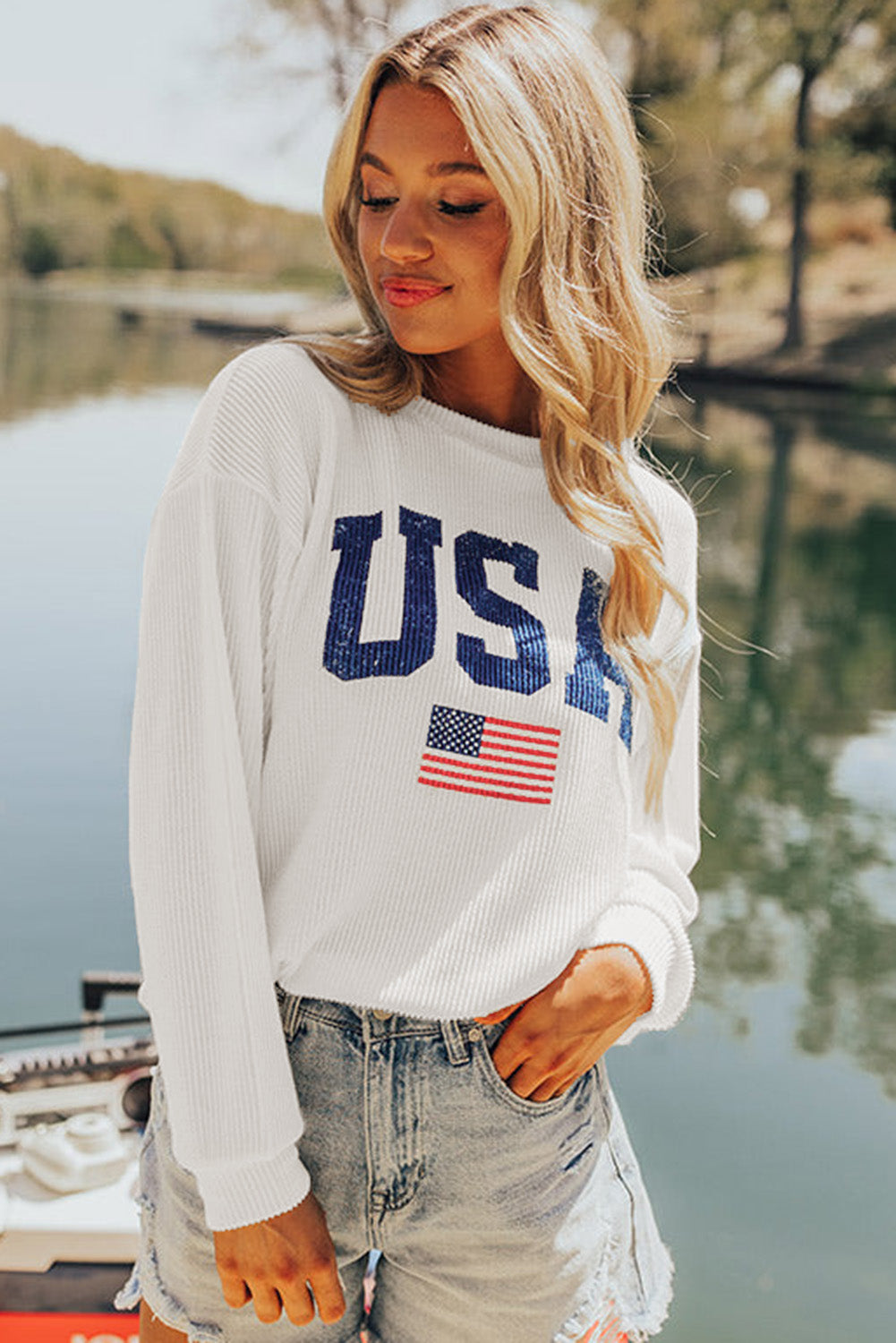 Usa Flag Corded Graphic Sweatshirt | White