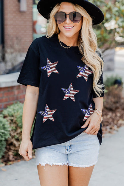 Sequined American Flag Star Graphic T Shirt | Black