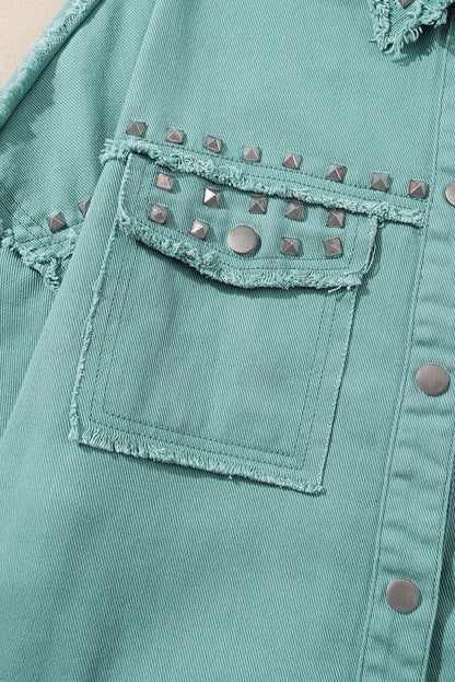 Frayed Trim Riveted Denim Jacket | Mist Green