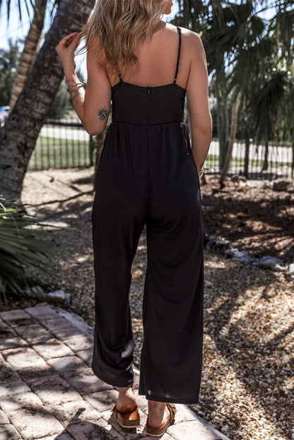 Wide Leg High Waist Sexy V Neck Cami Jumpsuit | Black