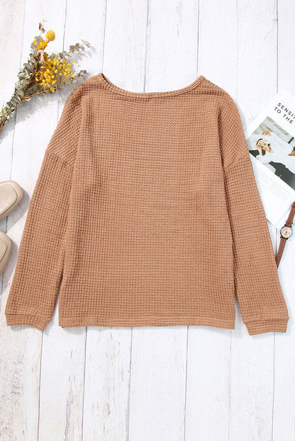 Waffle Knit Drop Shoulder Long Sleeve Top | Khaki