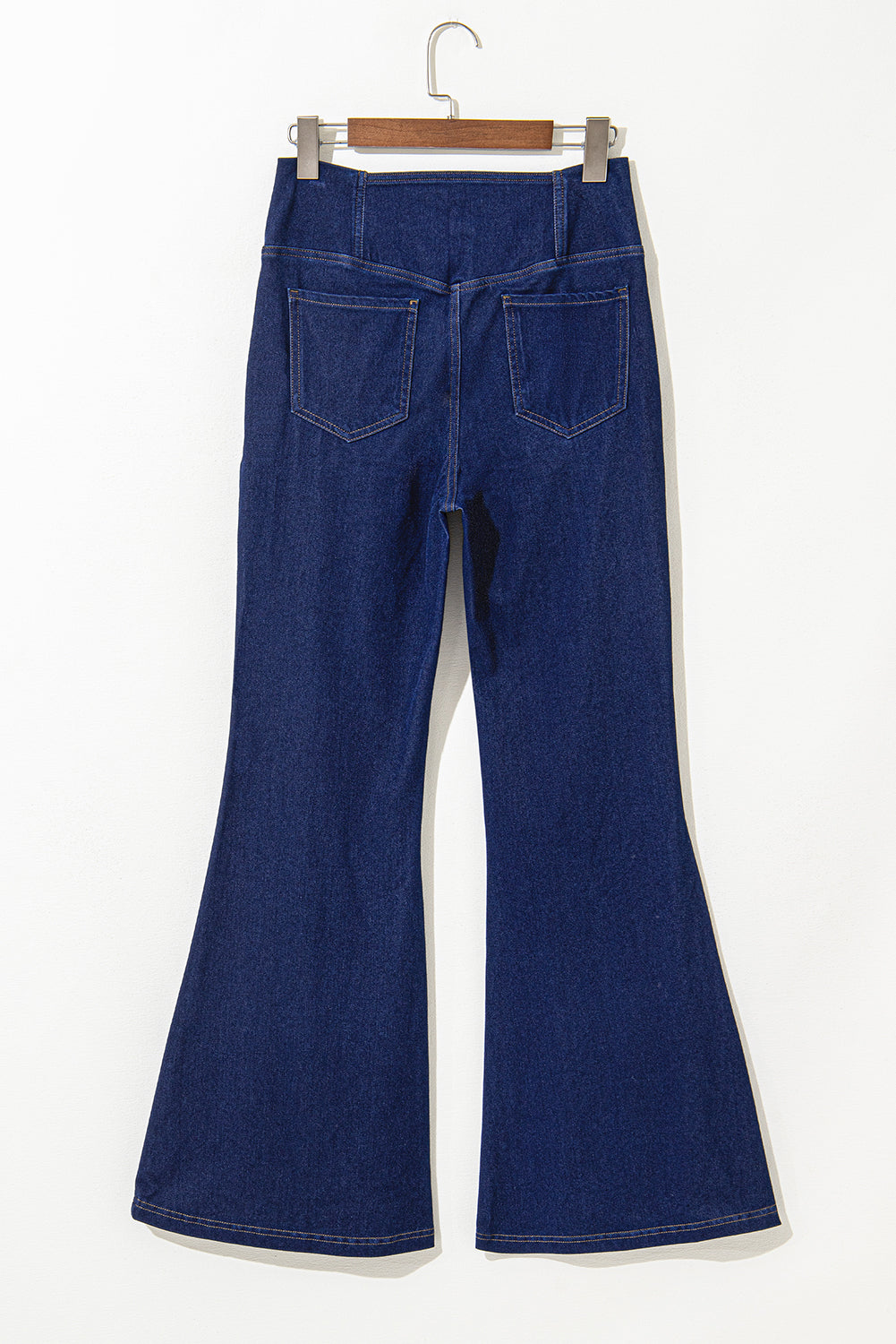 Solid Crossed Waist High Elastic Fit Flare Knit Jeans | Dusk Blue