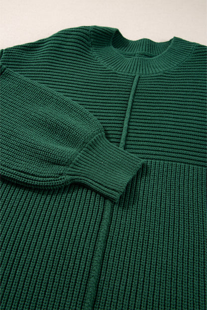 Textured Knit Crewneck Lantern Sleeve Sweater | Blackish Green