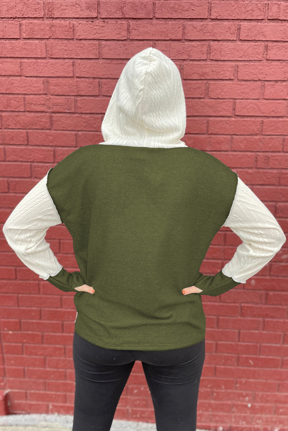 Colour Block Textured Buttoned Kangaroo Pocket Hoodie | Jungle Green